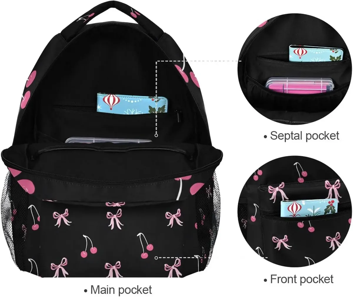 sacs à dos cerise avec nœud rose noir pour filles et garçons, sac d'école primaire pour enfants, sac à dos de voyage personnalisé de 3e, 4e et 5e année