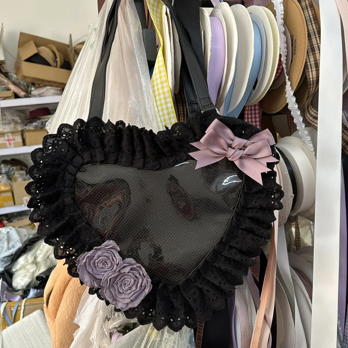 lolita fait à la main amour coeur dentelle fleur mignon sac à bandoulière douce fille étudiants arc fourre-tout sacs à main