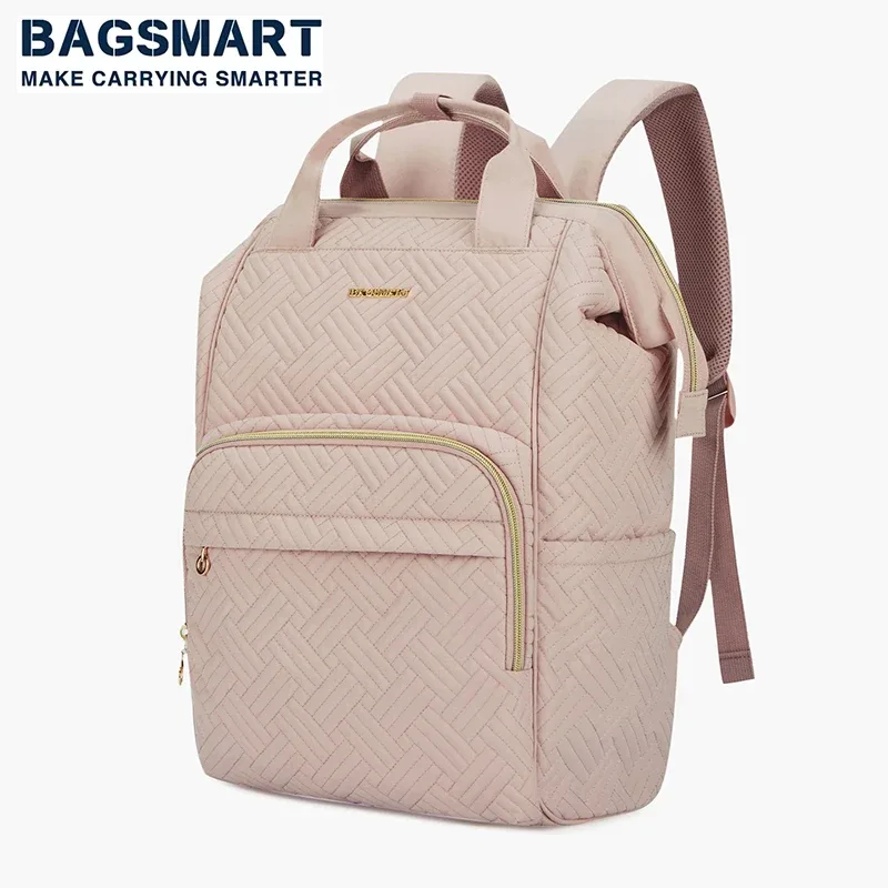 sac dos nylon rose pâle motif géométrique relief poches latérales grande ouverture fermeture glissière bandoulière arquée usage voyage universitaire