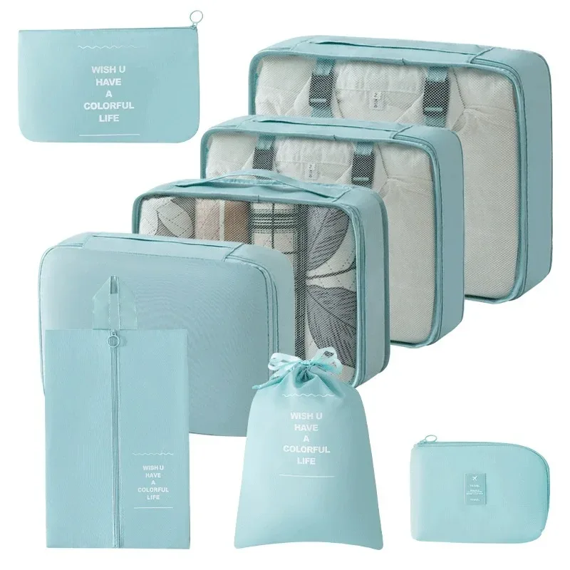 organisateur voyage polyester beige clair cube rangement pliable sac accessoires vêtements chaussures tranches bandes noires fonctionnel