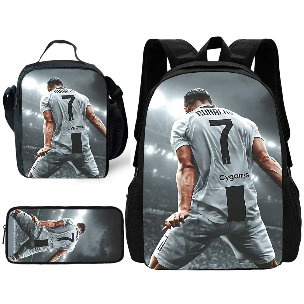 sac à dos de football r-ronaldos cr7 pour enfants, avec sacs à déjeuner, sacs à crayons, sacs d'école pour garçons et filles, meilleur cadeau