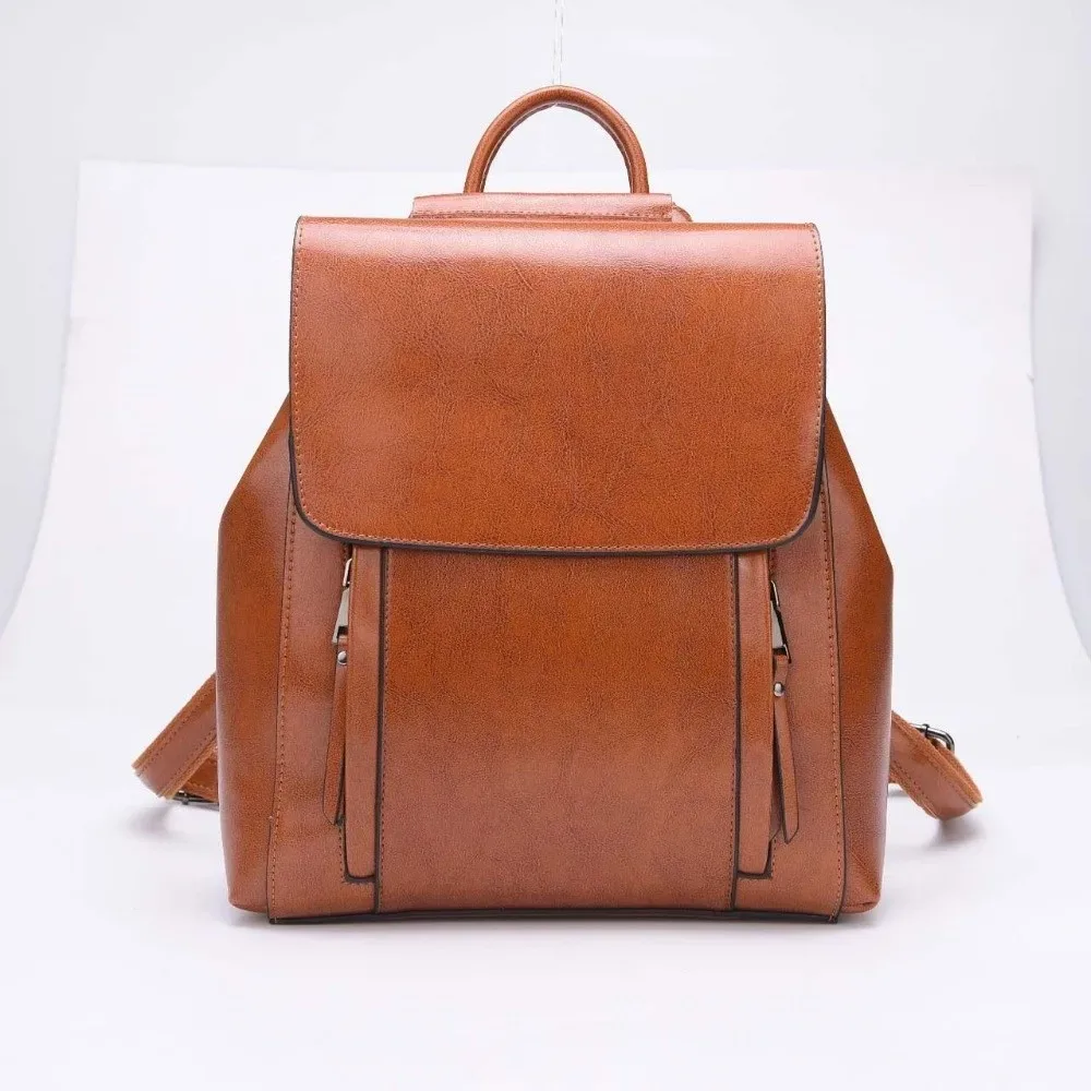 sac à dos rétro en cuir pour femmes, imperméable, grande capacité, en cuir ciré, couleur unie, avec boucle magnétique antivol, sac de voyage