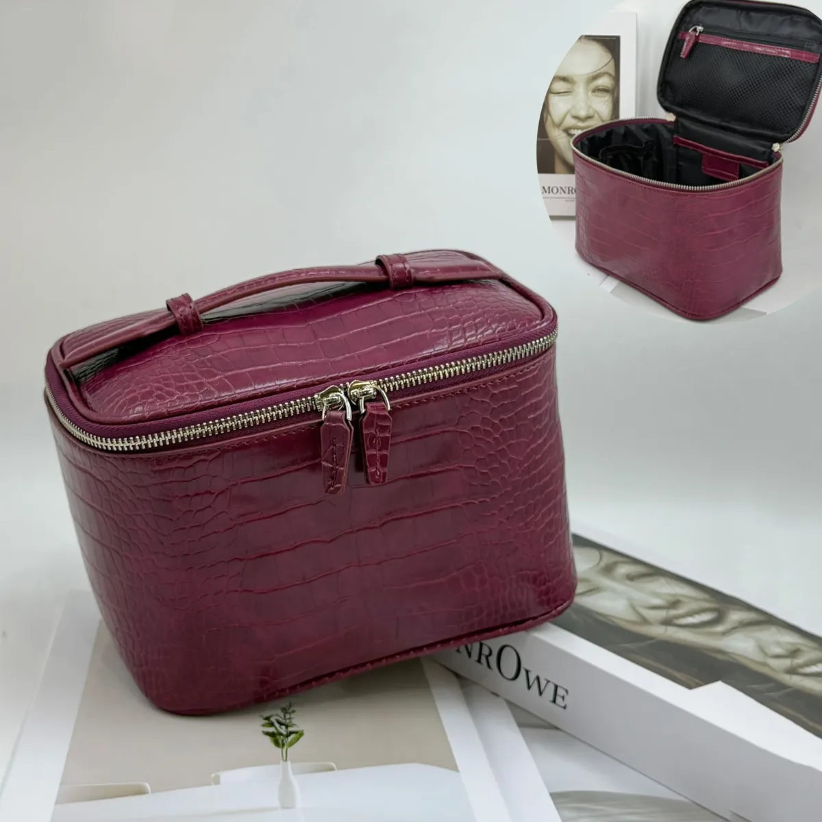 sac à cosmétiques pour femmes, motif pierre texturé, sacs à main portables en pu, sac de rangement de maquillage de grande capacité, sacs de voyage pour femmes