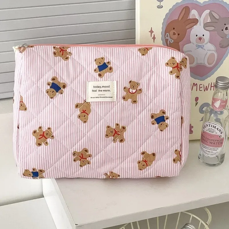 1pc matelassé ours mignon sac de maquillage floral sac cosmétique femmes fille voyage trousse de toilette organisateur coton pinceaux de maquillage mallette de rangement