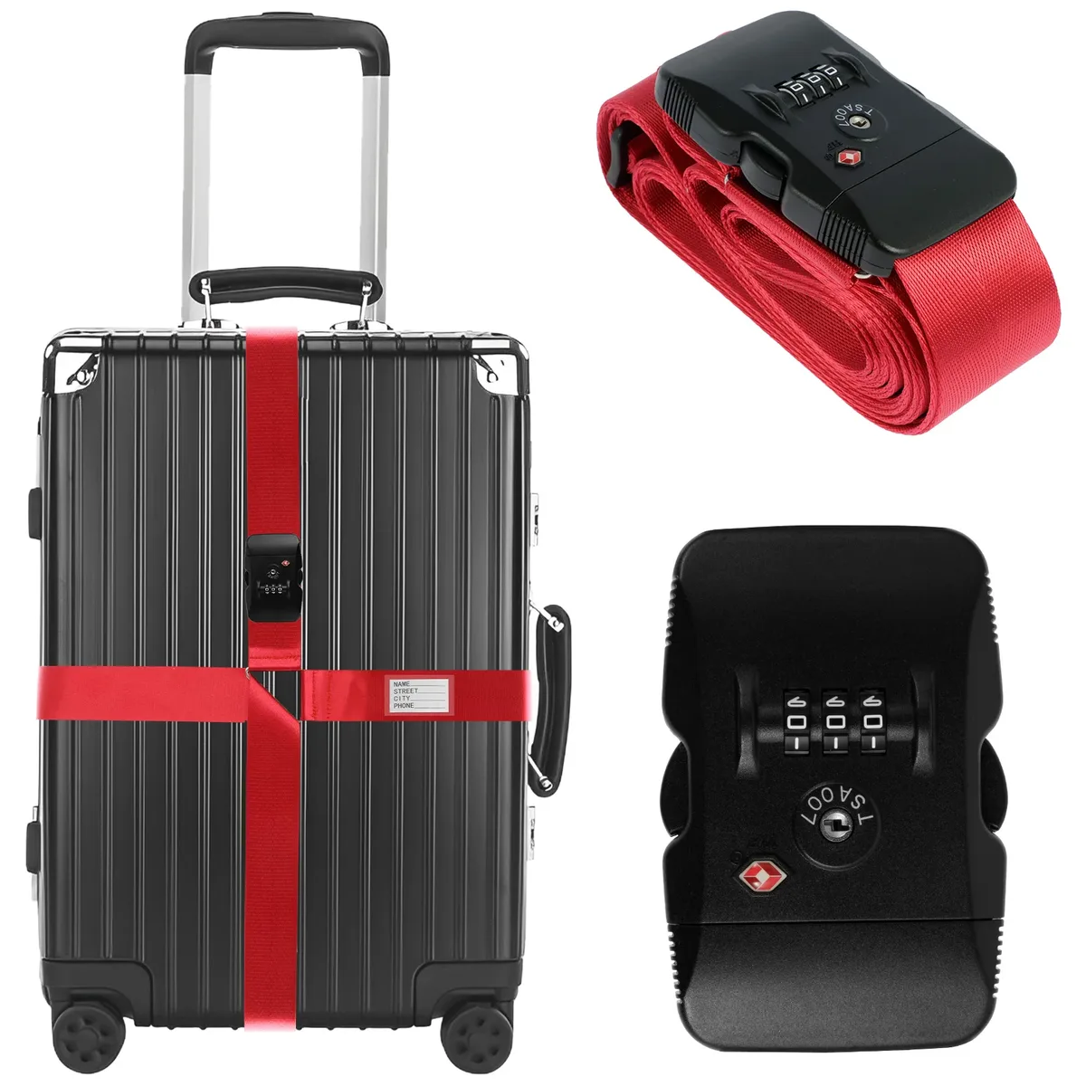 sangle de bagage croisée tsa, serrure douanière, ceinture de valise à longueur réglable avec étiquette d'identification transparente, ceinture de voyage durable pour bagages