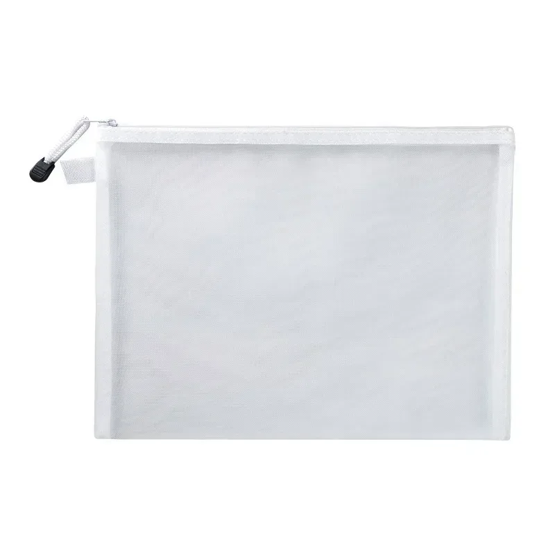 trousse toilette nylon transparent bords bleu gris rose blanc fermeture glissière format a6 voyage cosmétiques maquillage