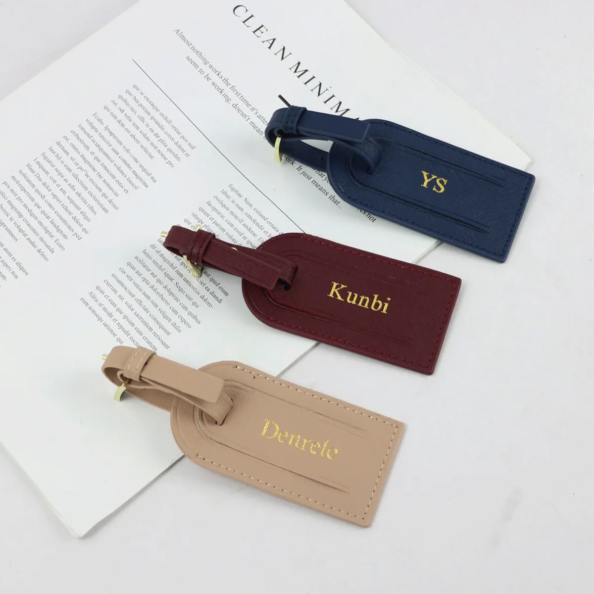 Étiquette Bagage Cuir Véritable Voyage Bleu Marine Bordeaux Beige Lisse Gravure Lettres Dorées Identification Valise Nom Adresse
