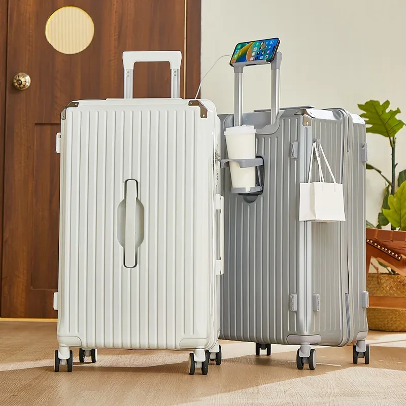 valise bagage roulante abs dur beige bleu noir marron grande capacité toupie poignée latérale porte gobelet support téléphone pratique