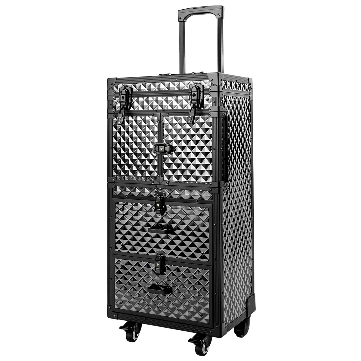 valise de maquillage verrouillable bymaocar, trolley de salon de beauté multi-niveaux en aluminium et abs, design cube d'eau, grande capacité, organisateur avec 2 tiroirs, supports pour ciseaux, 6 clés, serrure intégrée, verrouillage par mot de passe