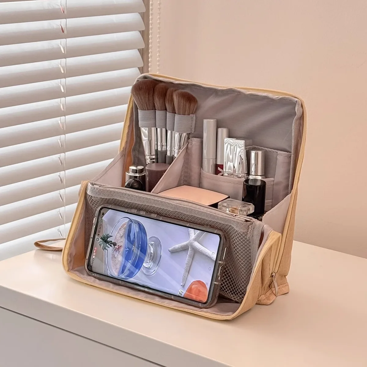 sac de maquillage vertical pour femmes, sac de rangement de soins de la peau de grande capacité debout, organisateur cosmétique multi-compartiments partiqué