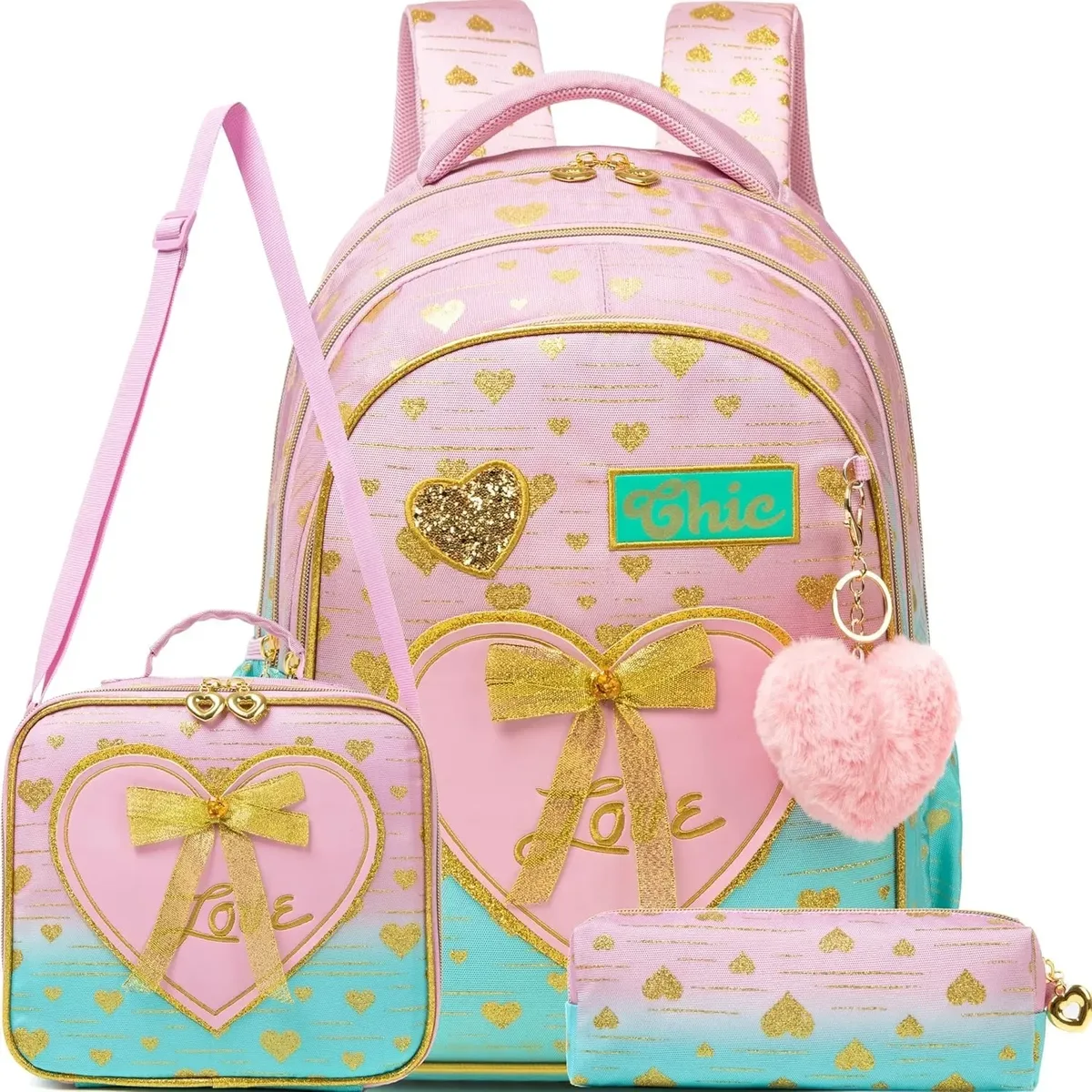 ensemble de 3 sacs à dos d'école pour filles, avec fourre-tout et trousse à crayons, sac à livres primaire léger pour enfants, mochila de retour à l'école