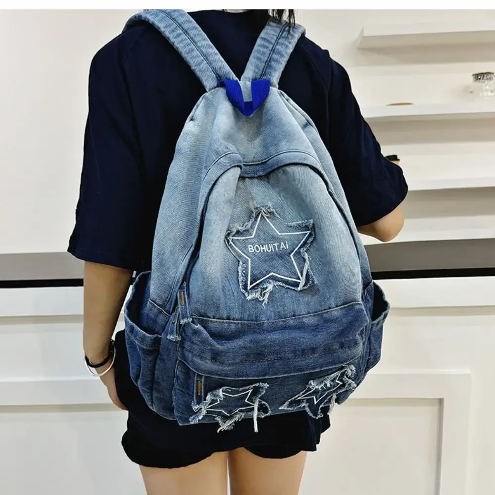 sacs à dos en jean de grande capacité, matériau en jean, structure multi-poches, sac de voyage, sac d'école multifonctionnel pour adolescentes