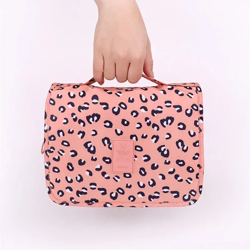trousse toilette cosmétique rose léopard compartiments imperméable transparent grille velcro voyage maquillage organisateur rangement
