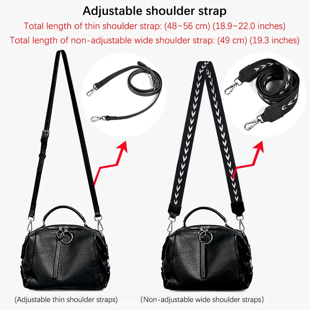 zency – sac à bandoulière noir de créateur pour femmes, sac à main en cuir véritable 100%, taille moyenne pour la vie quotidienne avec deux sangles