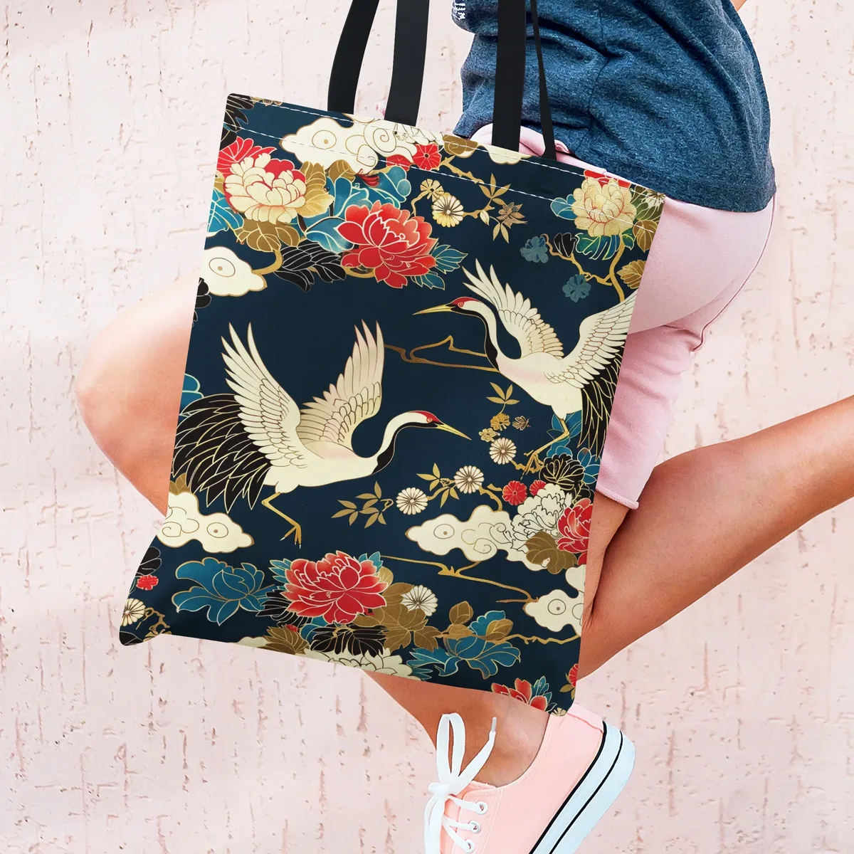 sac fourre-tout d'inspiration japonaise avec grue et imprimé floral, sans fermeture, sans doublure, sac de courses durable et réutilisable