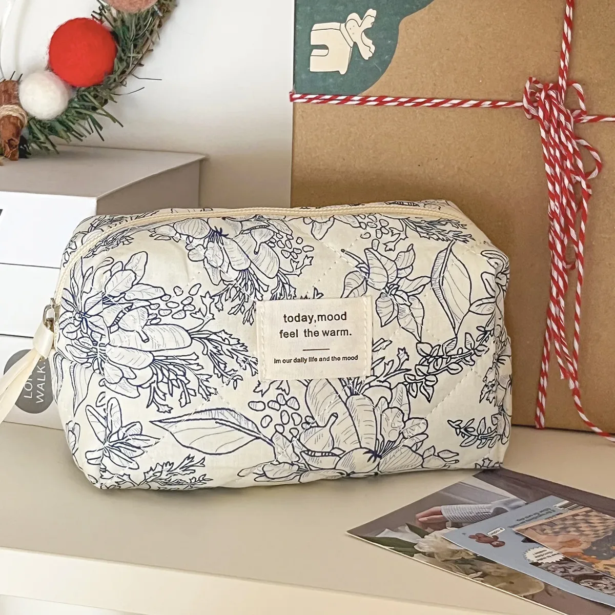evaluflower-trousse de maquillage en coton matelassé avec fermeture éclair pour femme, sac à main pour femme, trousse de toilette portable, sac à main pour fille, voyage