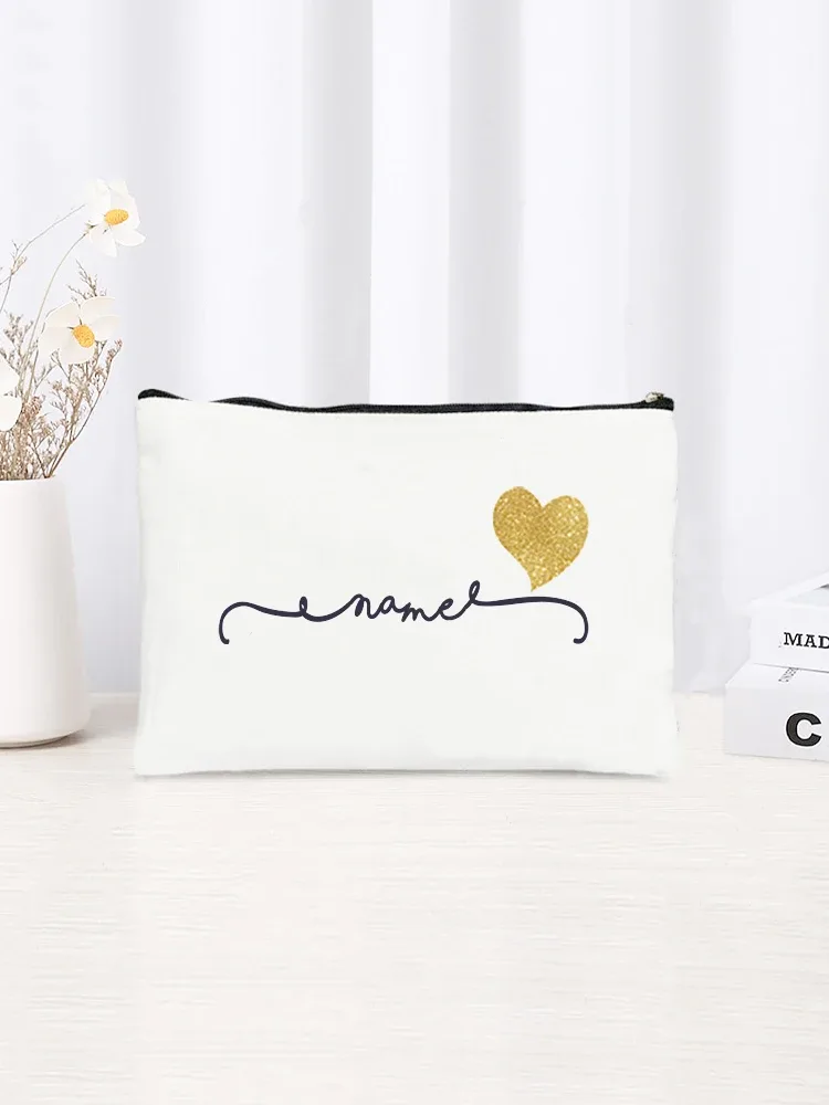 trousse de maquillage personnalisable en forme de cœur doré, pochette cosmétique, organisateur de voyage pour femmes, étui de rangement portable en toile pour articles de beauté