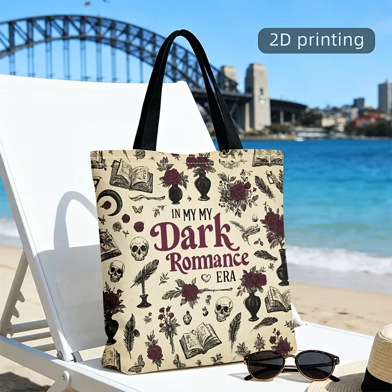 sac fourre-tout gothique romantique, motif vintage de crâne, roses rouges et plumes, sac à main réutilisable en toile pour les amoureux des livres