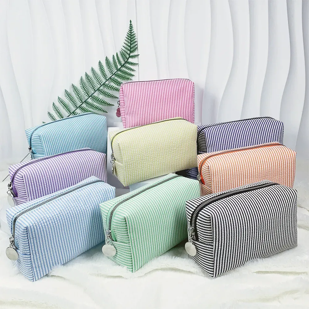 sacs à cosmétiques à volants pour femmes, sacs de rangement à rayures rose/violet, sacs de maquillage pour dames avec fermeture éclair, sac de voyage, trousse de maquillage