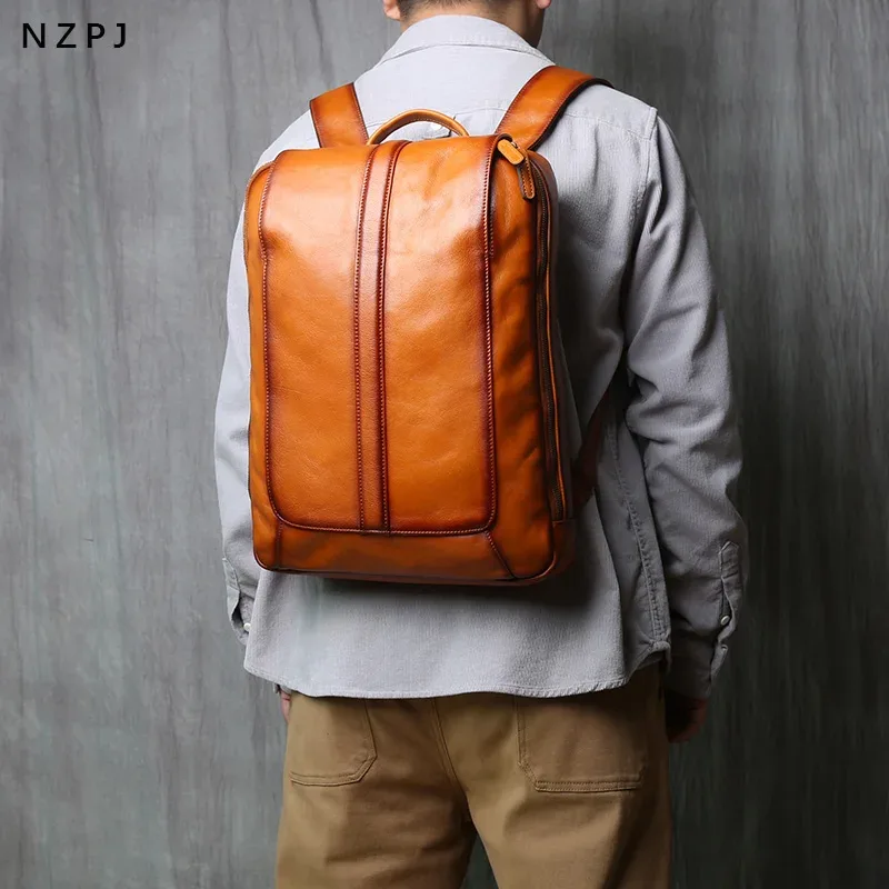 sac à dos pour homme en cuir de vache véritable vintage nzpj, sac à dos décontracté pour ordinateur portable, sac de voyage tendance pour l'école