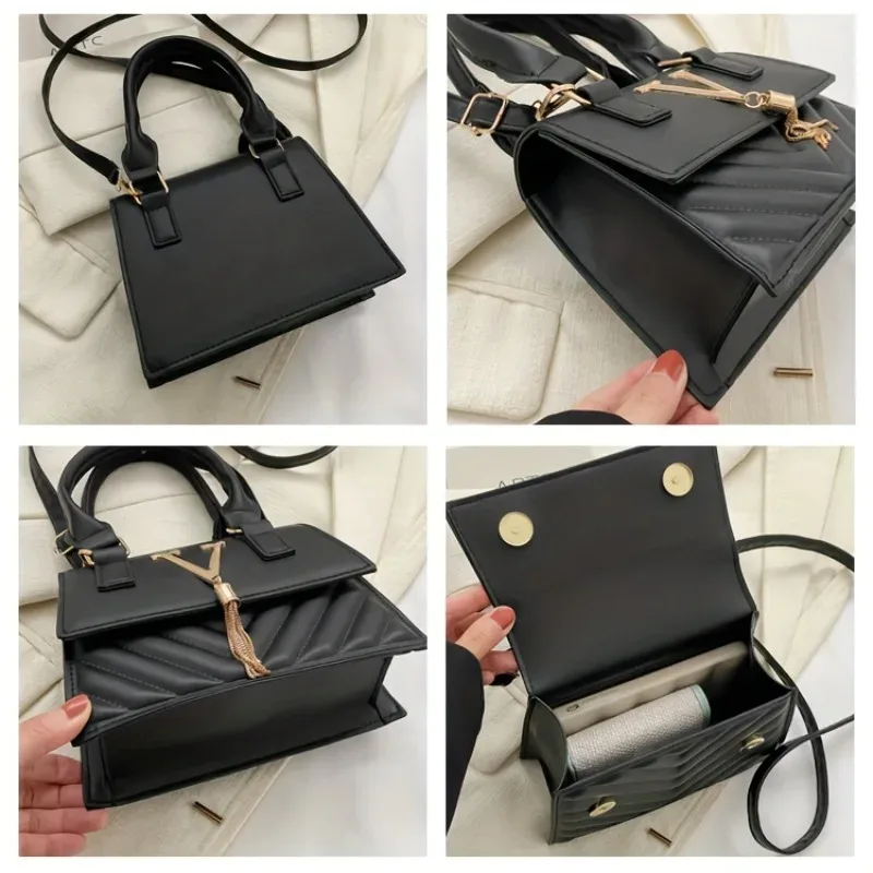 sac à main matelassé tendance, sacoche élégante avec quincaillerie dorée en forme de v et pompon, bandoulière amovible, sac à bandoulière élégant pour femme