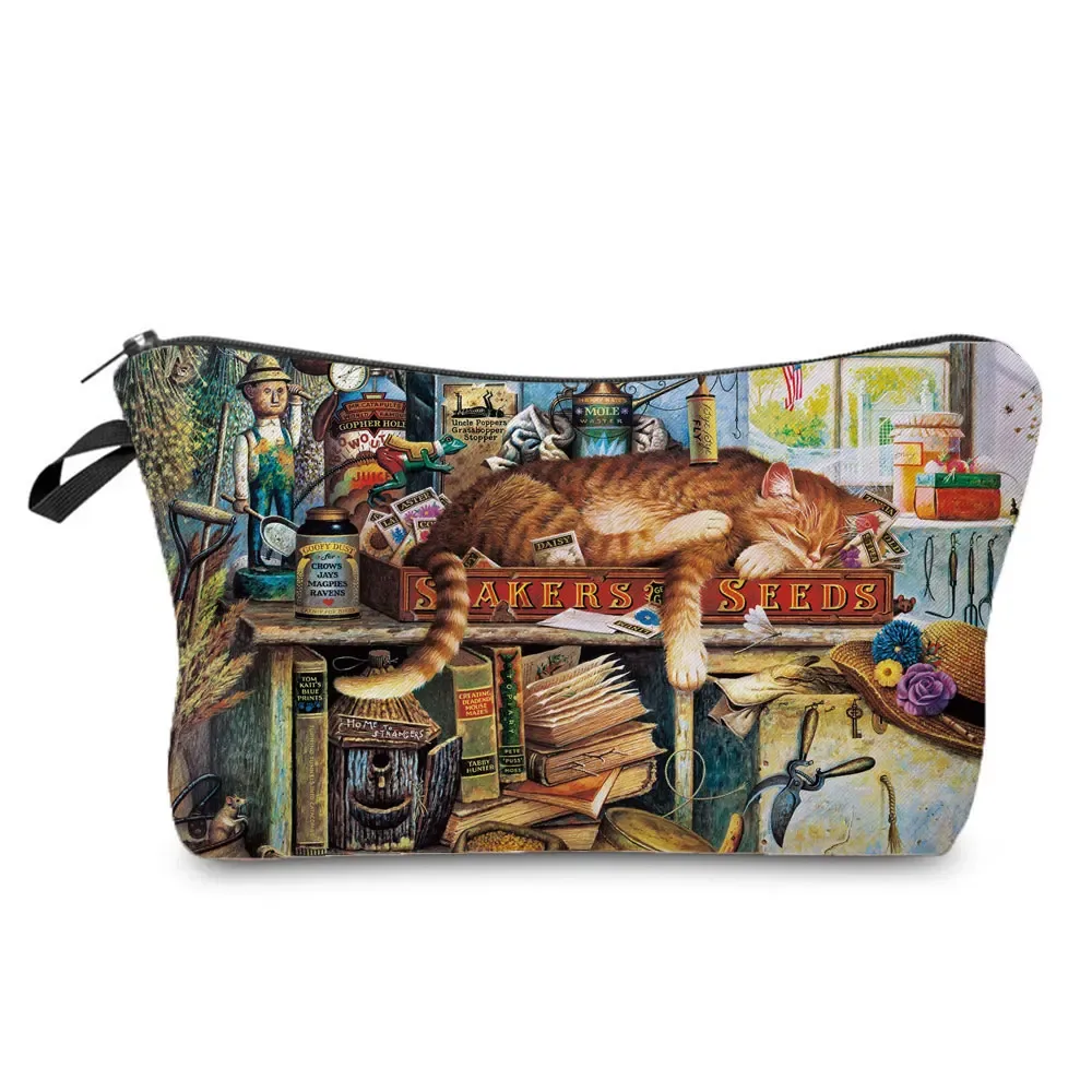 trousse de maquillage imprimée chat pour femme, peinture à l'huile, mode rétro, sacs à cosmétiques, haute qualité, étuis à crayons, sac cadeau portable, offre spéciale