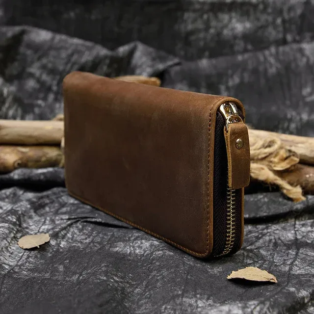 luufan-long sac à main en cuir de cheval vintage pour hommes et femmes, portefeuilles à double fermeture éclair pour carte de crédit, pochette pour homme
