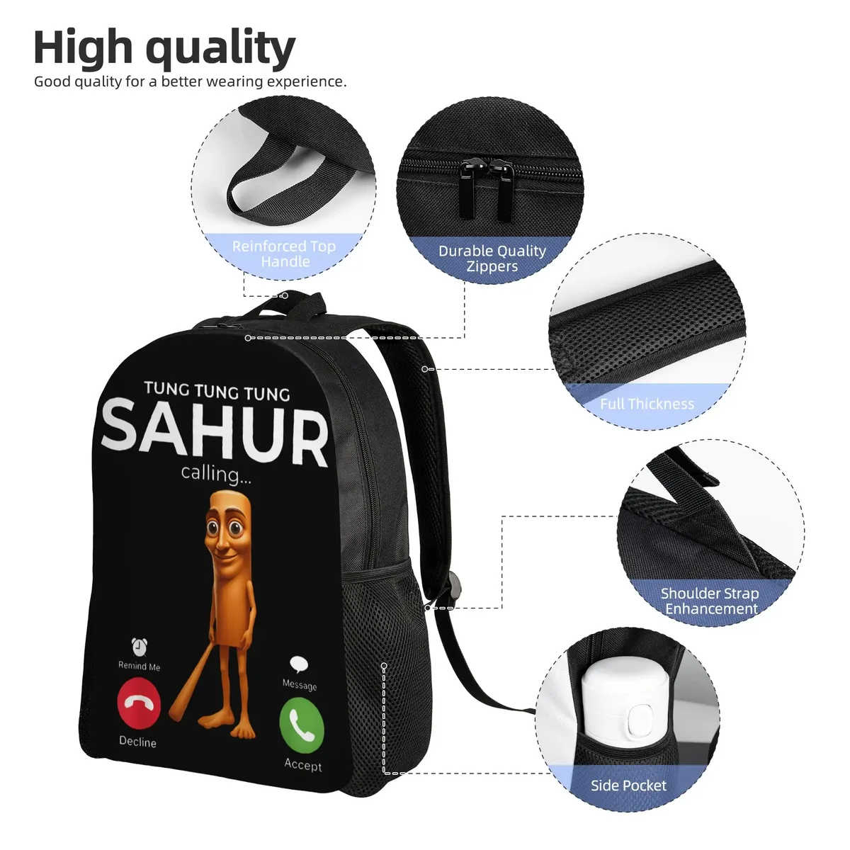 sac à dos unisexe tung sahur calling avec motif brainrot, en polyester, pour loisirs, lycée, sport, design moderne