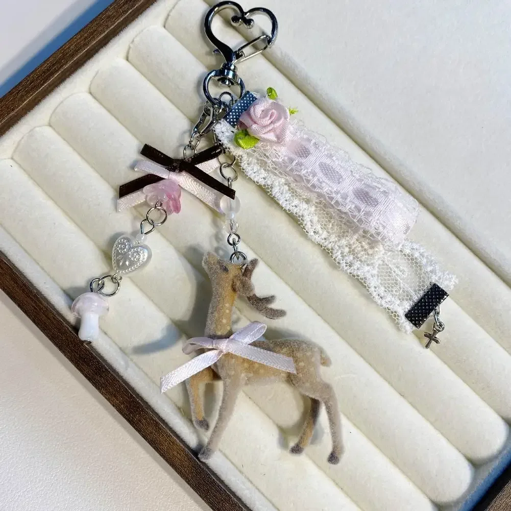 porte-clés cerf coquette adorable avec nœud en ruban de dentelle, breloque de sac, pendentif faon kawaii, accessoires pour sac à dos, cadeau pour femme