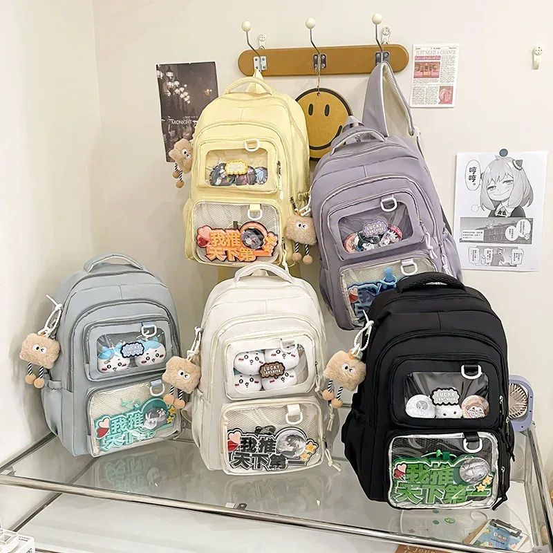 sac à dos scolaire transparent grande capacité, sac à bandoulière double pour étudiants, en tissu oxford imperméable, ultra léger, style mignon