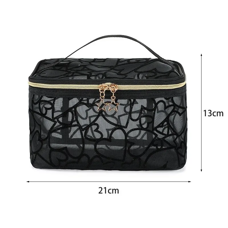 pochette de maquillage en maille floquée en forme de cœur, mini trousse de toilette portable, pochette de retouches, petite pochette de rangement rouge