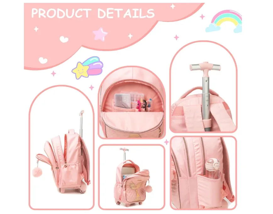 valise sac dos rose queue sirène motif multicolore poignée roue transport enfant déplacement école lunch stylos femmes