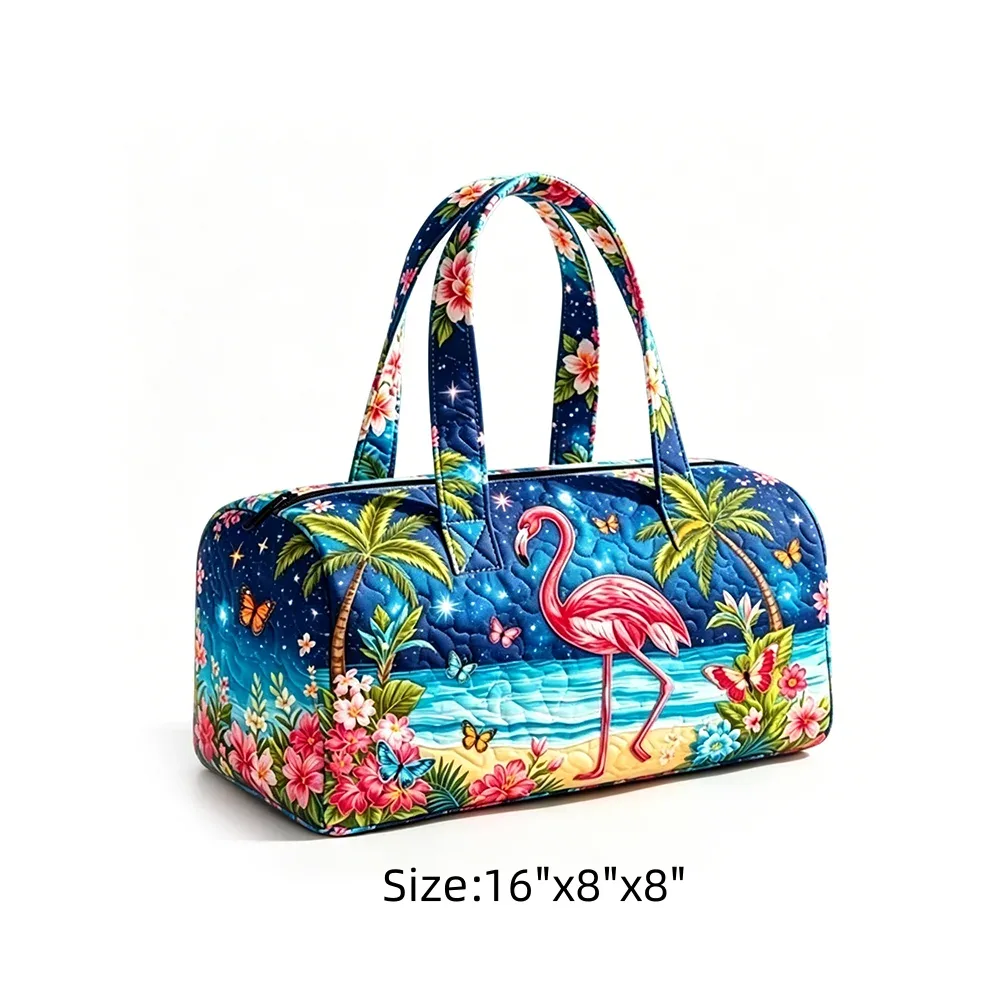 sac de voyage tropical motif ciel étoilé, imprimé flamants roses et palmiers, sac de nuit matelassé bleu marine pour femme, idéal pour les vacances d'été à la plage