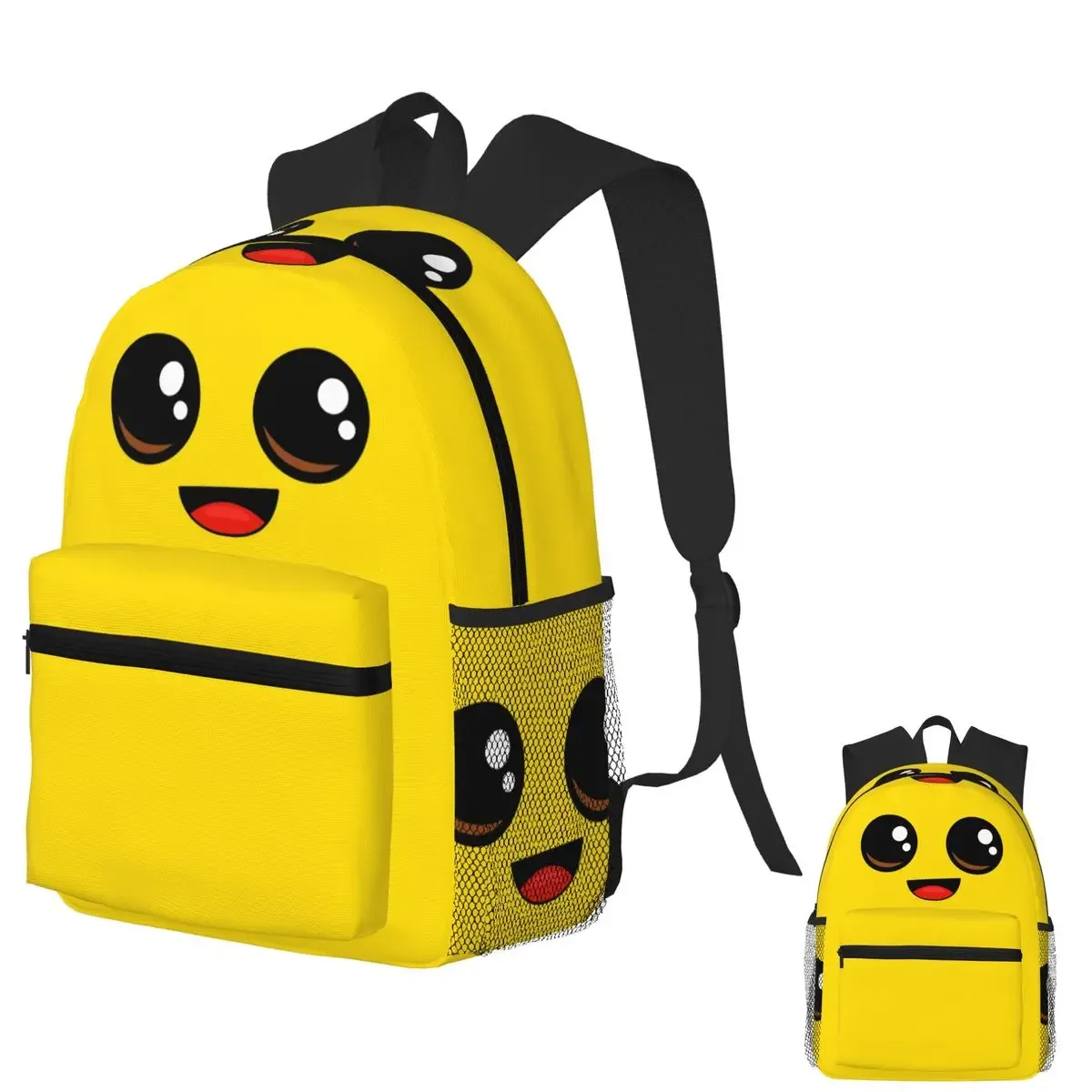 Sac Dos Polyester Jaune Visage Mignon Dessin Animé Bandoulières Poignée Supérieure Poches Lateral Filet Noir Voyage Étudiant