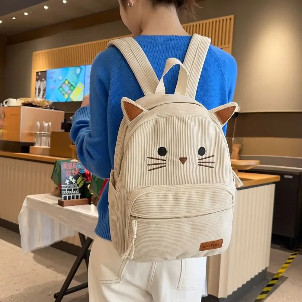 sac à dos mignon en velours côtelé imprimé multicolore motif chat de dessin animé, avec plusieurs poches, léger, idéal pour les étudiants et les voyages.