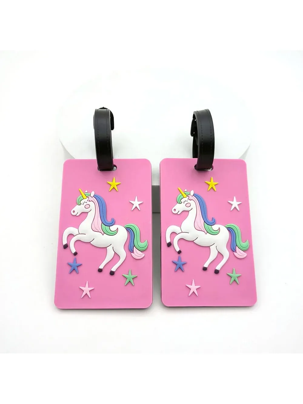 étiquette bagage silicium imprimé licorne jaune rose violet petite étoile bleue poignée noire voyage