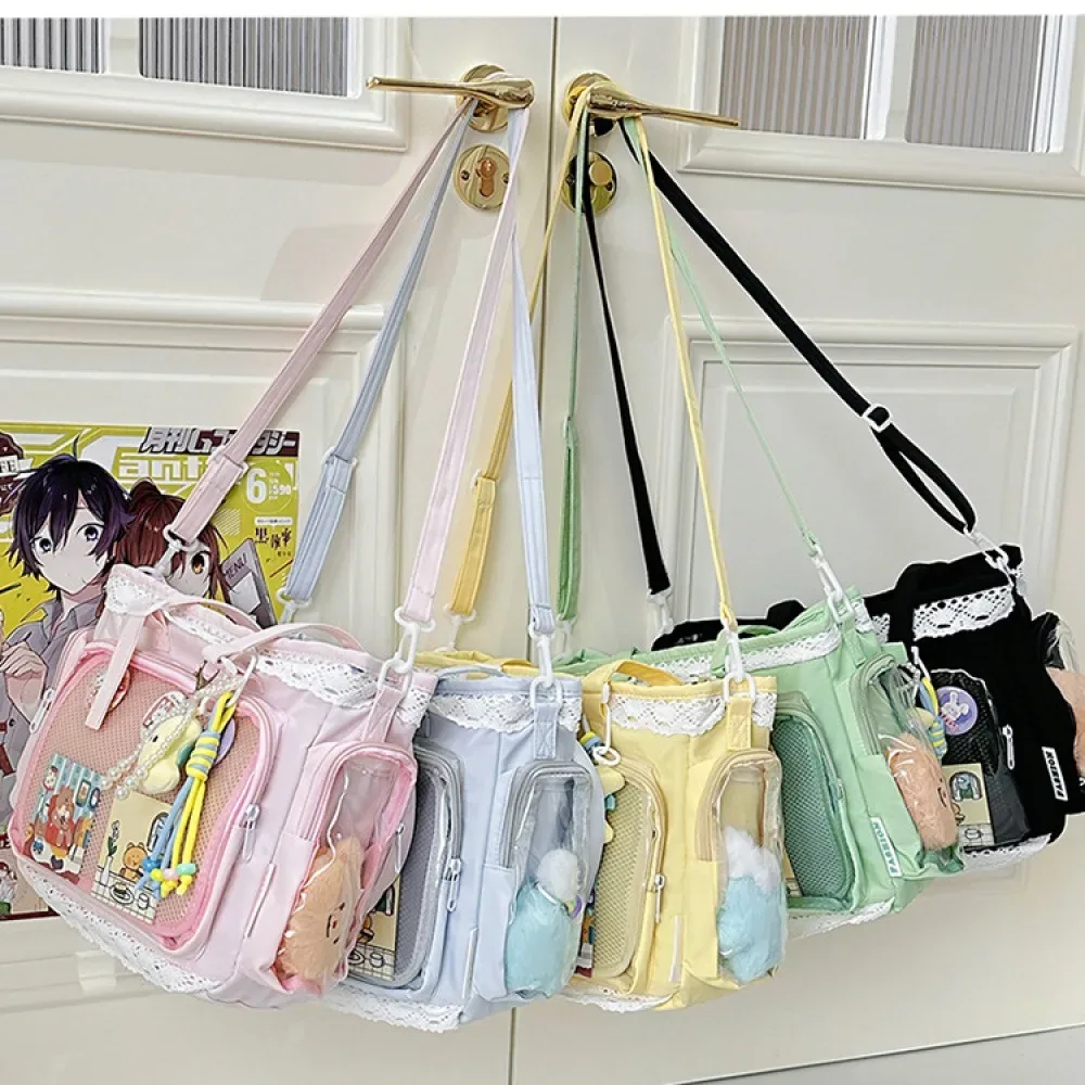 sac fourre-tout ita bag kawaii jaune en dentelle, grande capacité, avec fenêtre transparente pour l'affichage des badges anime, sac à bandoulière lolita mignon pour com