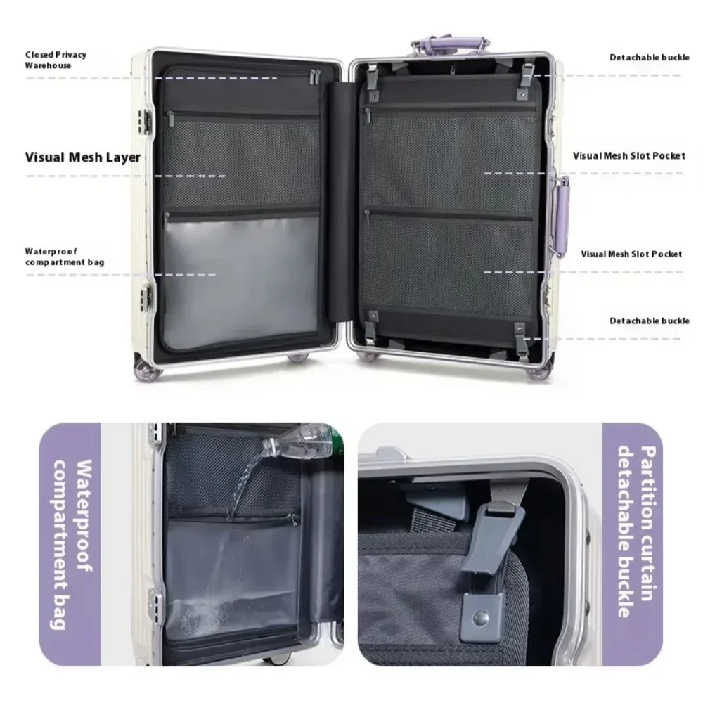 valise à main avec cadre en aluminium, avec roue rotative silencieuse colorée, serrure tsa, boîtier de chariot de voyage, bagages roulants de haute qualité