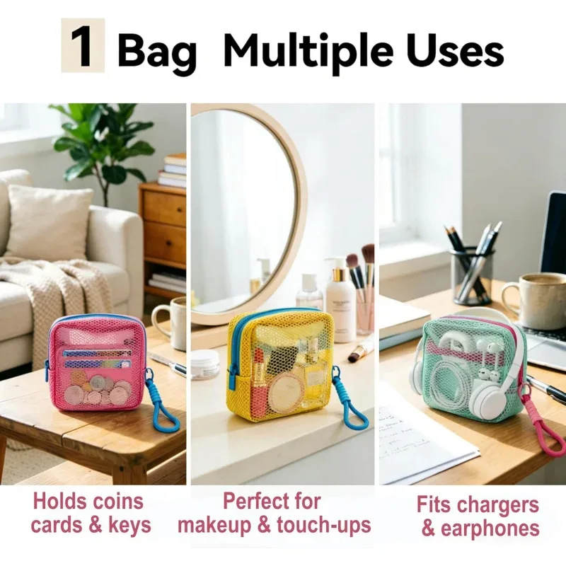 petite pochette de plage en maille transparente, sac cosmétique avec sangle de poignet amovible, organisateur de voyage pour crème solaire, clés, câbles