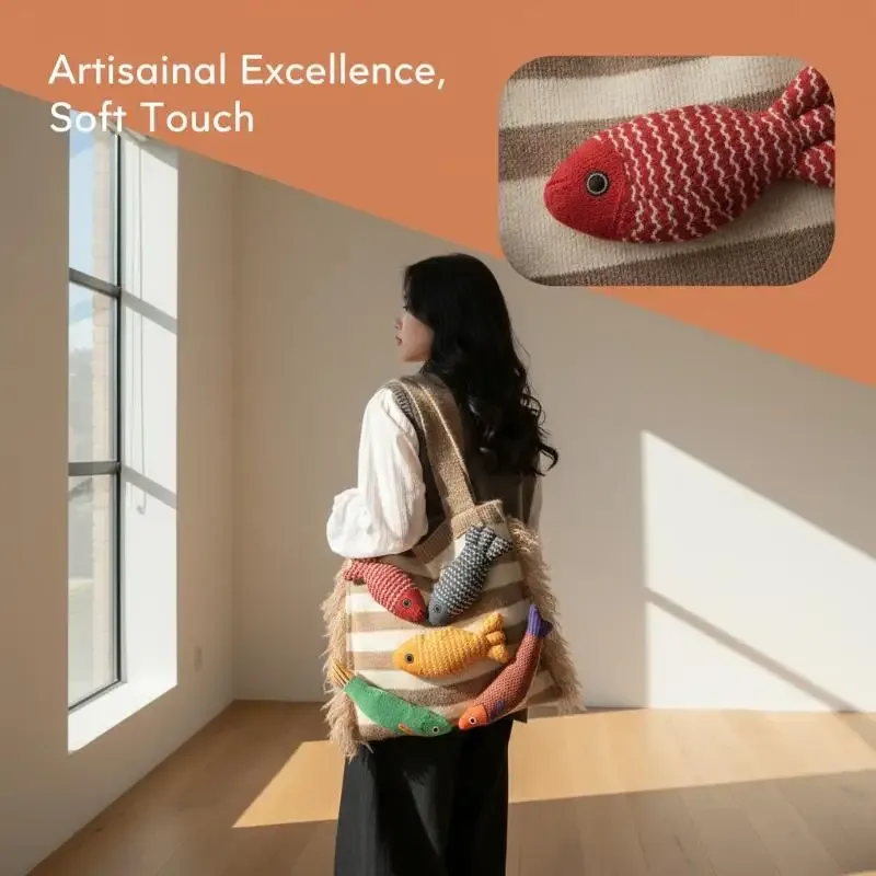 sac fourre-tout tricoté décontracté motif petit poisson mignon, nouveauté été, sac à bandoulière polyvalent pour trajets quotidiens, avec découpes contrastées