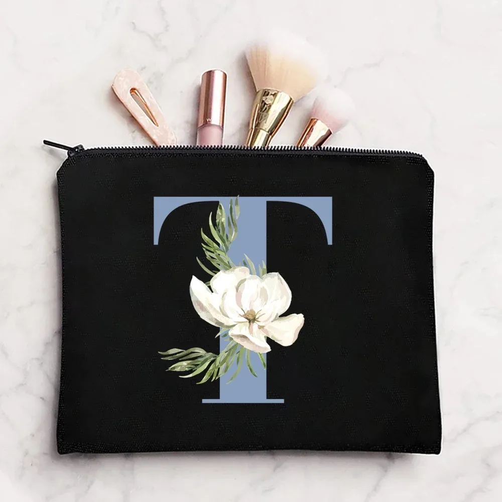 sac à cosmétiques en tissu pour femmes, pochette de maquillage, sac de voyage, rouge à lèvres, étuis de rangement, pochette à fermeture éclair, porte-monnaie de téléphone, initiales bleues imprimées