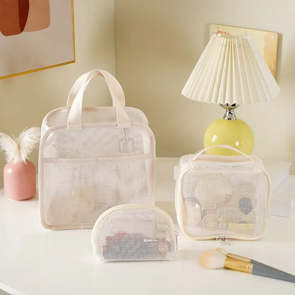 sac de maquillage en maille portable de grande capacité, sac de rangement de cosmétiques portatif de couleur unie, sac de rangement de toilette léger