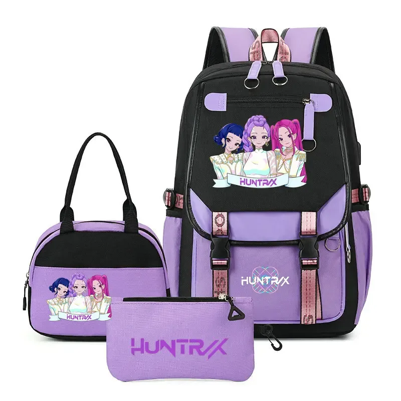 sac à dos kpop demon hunter pour adolescents, cartable de grande capacité, 3 pièces/ensemble avec sac à lunch pour femmes, étudiants, décontracté, confortable, pour voyage, mochilas