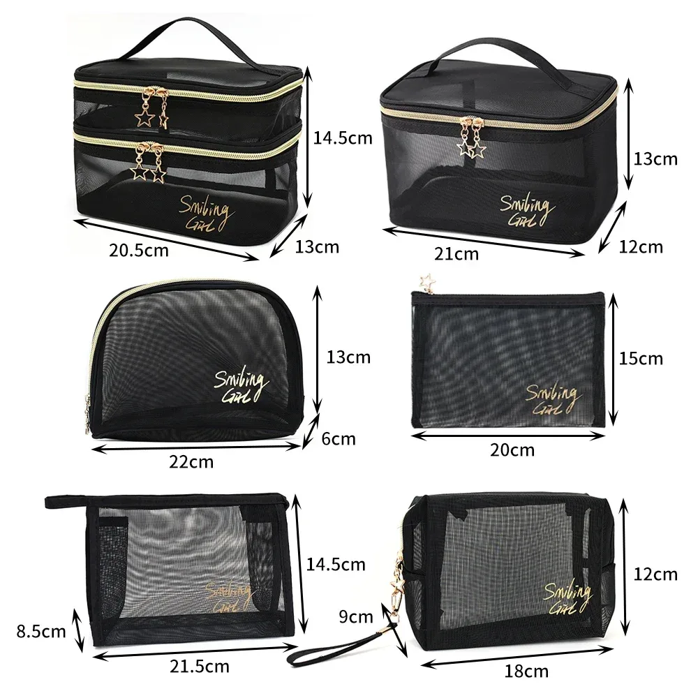 sac à cosmétiques de voyage pour femmes, grande capacité, étui de maquillage en maille noire, pochette de rangement, trousse de toilette décontractée à fermeture éclair, sacs de lavage de maquillage