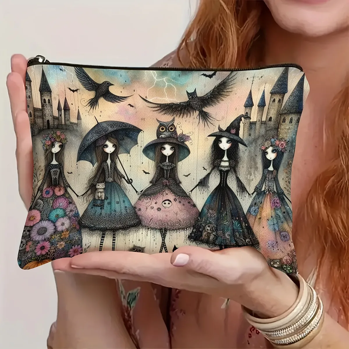 trousse de maquillage gothique fantaisiste – pochette cosmétique design sorcière enchantée, chat noir et hibou pour voyage, sac de rangement sur le thème d'halloween