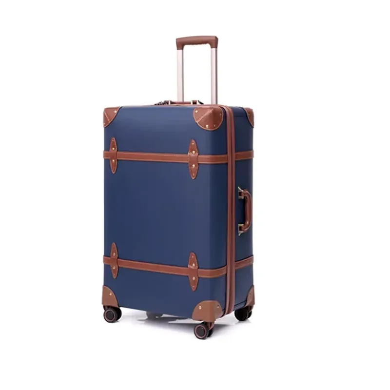 valise polypropylène bleu marron poignées latérales roulettes spinner intérieur beige rayé bagage voyage universel