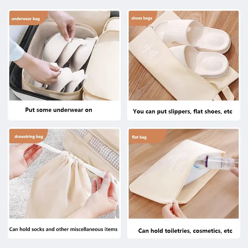 organisateur voyage polyester beige clair compartiments visibilité optimal organisation vêtements chaussures articles toilette sac respirant ventilation séchage rapide set pièces pliable