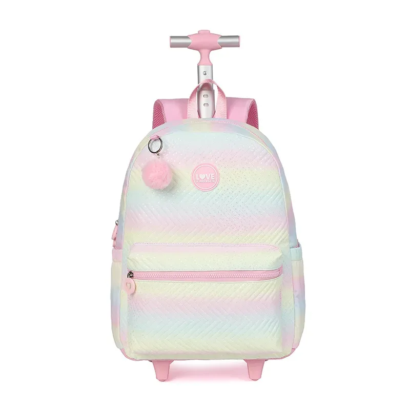 sac dos polyester forme rectangulaire motif bandes horizontales colorées pompons blancs roues poignée etudiante voyage sac école
