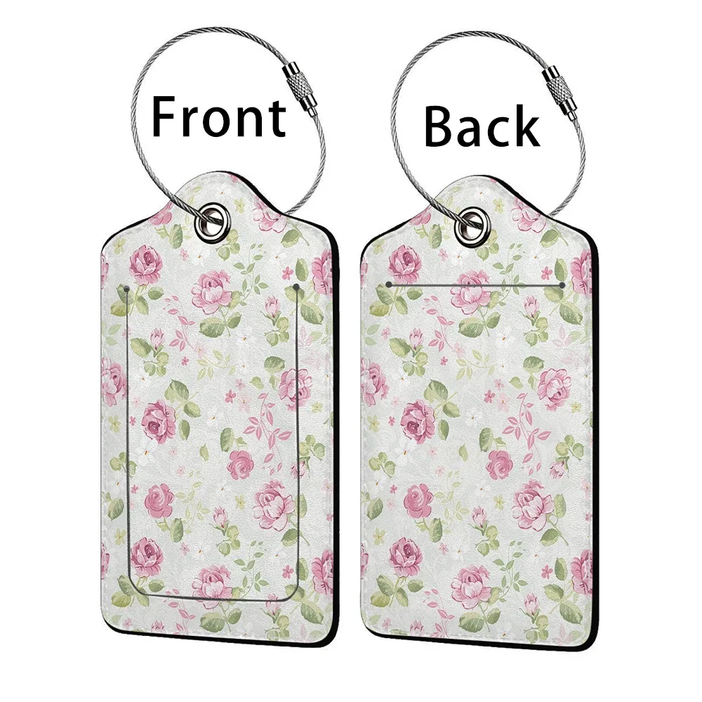 étiquette bagage polyuréthane motif floral subtil fond beige anneau métallique voyage affaires identification nom adresse