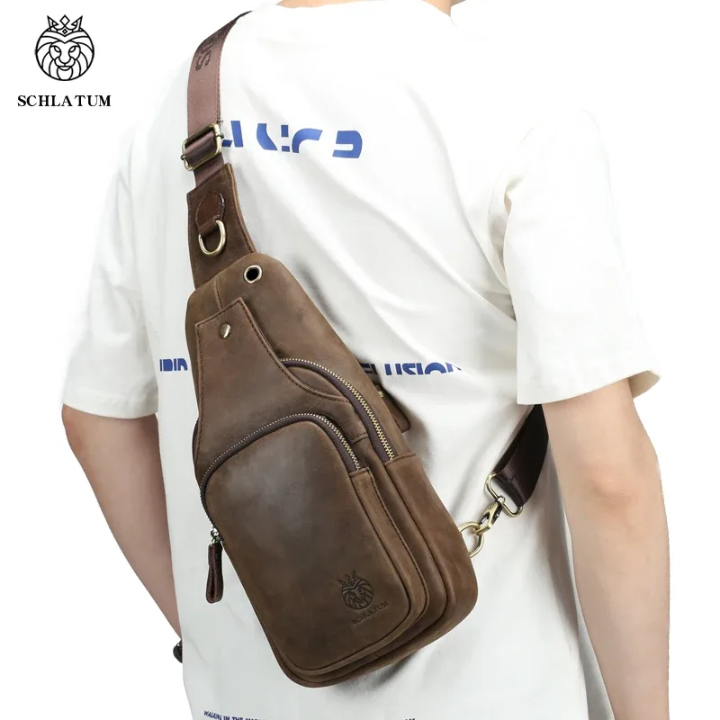 schlatum 100% sac de poitrine en cuir véritable décontracté triangle bandoulière conception voyage épaule sac à dos hommes en cuir sac multifonctionnel